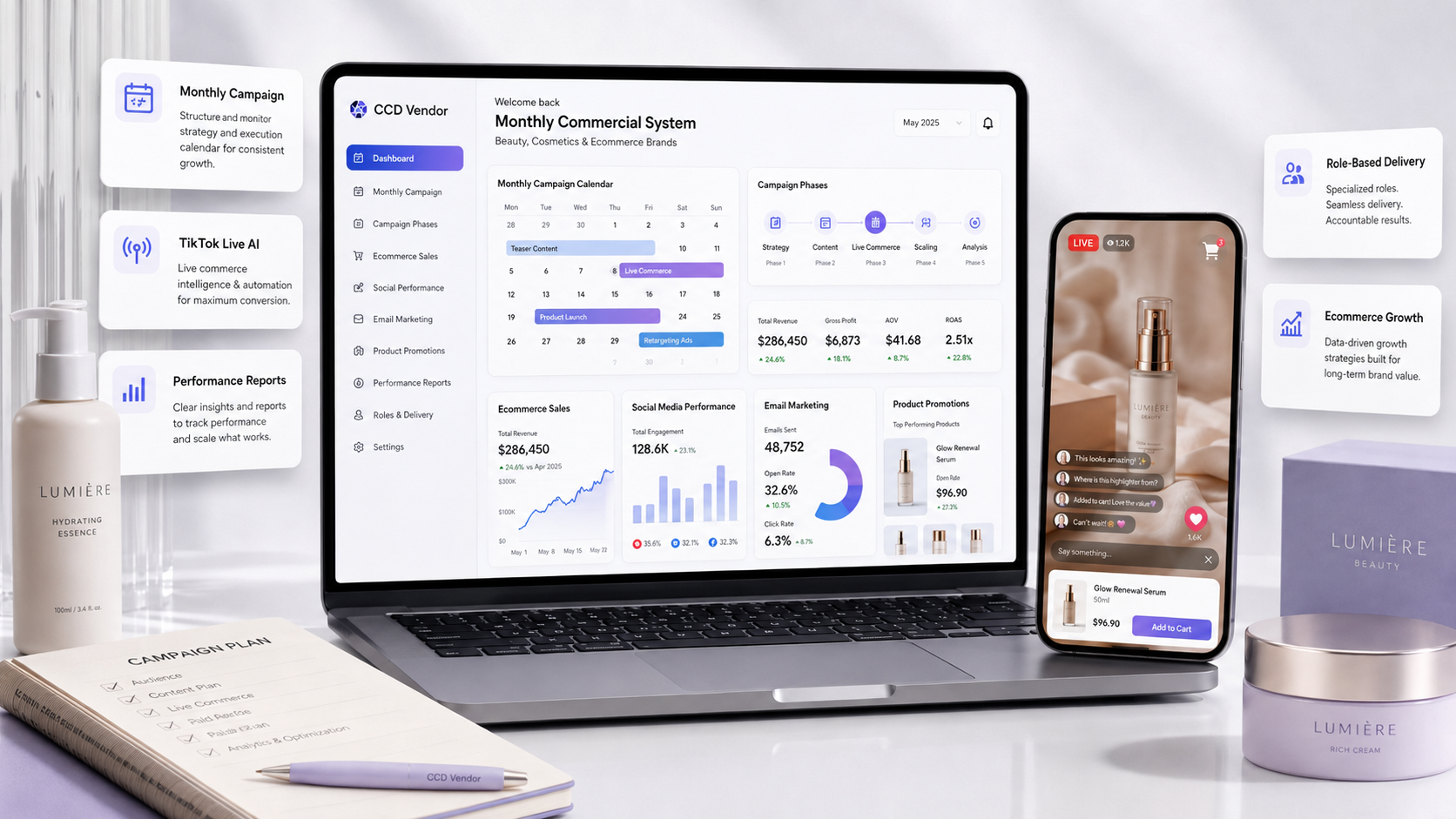 Premium workspace with monthly commercial system dashboard, live commerce, campaign calendar and performance reports for brands.