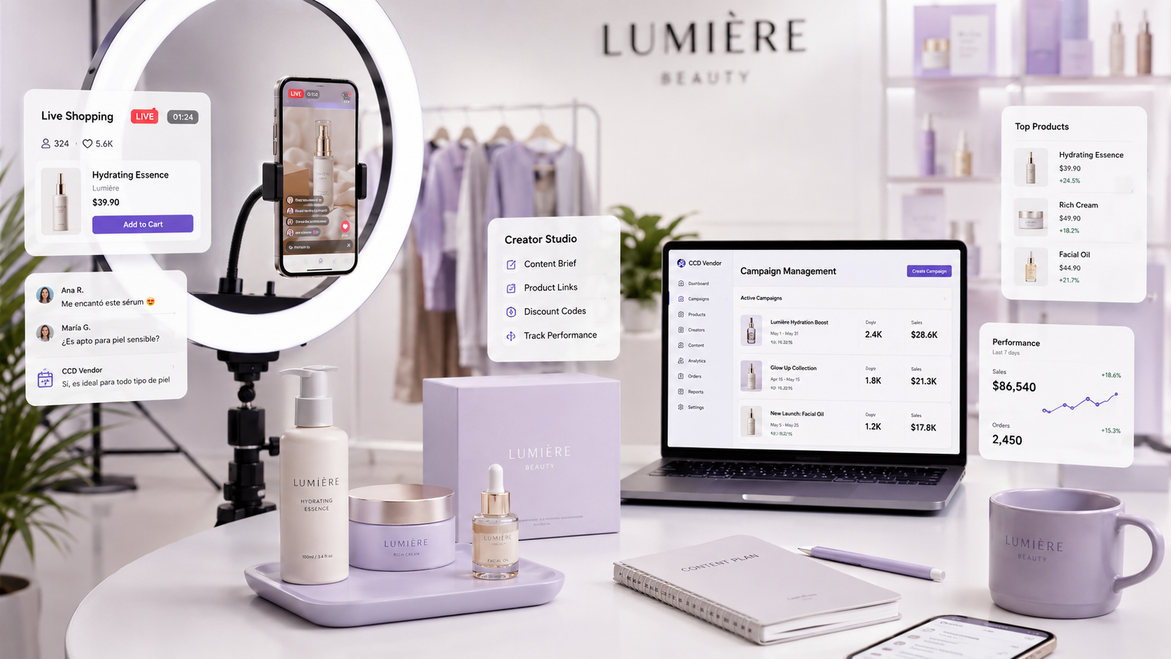 Estudio de creación de contenido con smartphone, ring light, productos beauty, dashboard de campañas y sistema de live shopping.